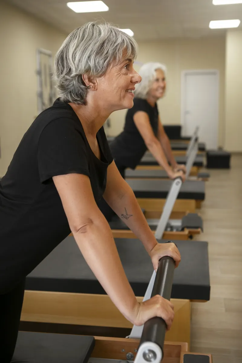 Mujer adulta mayor sonriendo mientras practica en Reformer